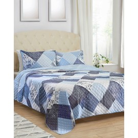Mellanni Full/Queen Bedspread Coverlet Set - Bedding Cover with Shams - Ultrasonic Quilting Technology - 3 Piece Oversized Quilt Set - Bedspreads & Coverlets (Full/Queen, Patchwork Blue)
