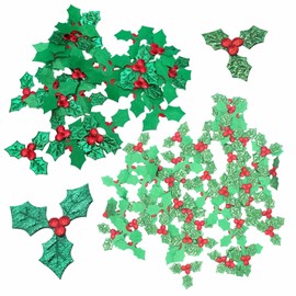 200 Pcs Christmas Holly Berries Embellishment, 3.5 cm, 5cm Mini Triple Leaf Holly Berries, Sequins Holly Berries Artificial Holly Leaves for Christmas Wreath, Gift Tags, Table Decorations