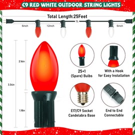 C9 Red and White Christmas Lights Outdoor, 25FT Vintage Christmas String Lights Waterproof with 26 C9 Ceramic Large Bulb Christmas Light UL Listed for Roofline Holiday Party Backyard Patio Decorations