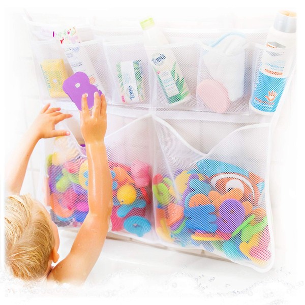 Really Big Tub Cubby Bath Toy Organizer + 36 ABC Letters & Numbers & Ducky - Mesh Net Bag - Baby Bathtub Game Holder - Bathroom Storage & Shower Caddy Toddler Tray - Kid Safety Award