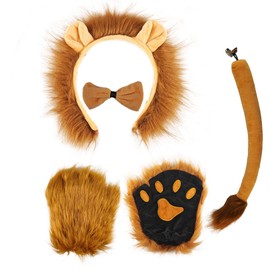 Lion Costume Set，5 Pieces Including Headband（Ears）、Tail、Bow Tie、Paw Gloves，Thick Brown Mane，Polyester Material, Accessories are Elastic, It is Soft and Suitable for Different Sizes (Ages)