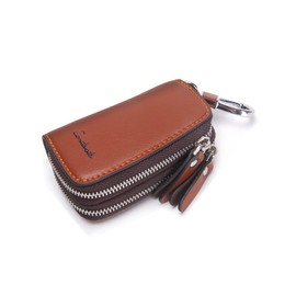 HIRAM Men's Key Case, Genuine Leather, Smart Key Case, Double Zipper, Carabiner, DIY Free, Braun