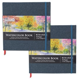 U.S. Art Supply 8.5" x 8.5" Watercolor Book (2 Pack, 76 Sheets Each) - 110lb (230 GSM) Linen-Bound Hardcover Artist Paper Pads - Acid-Free Cold-Pressed Watercolor Paper Pad Mixed Media
