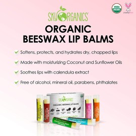 USDA Organic Lip Balm by Sky Organics – 6 Pack Assorted Flavors – With Beeswax, Coconut Oil, Vitamin E. Best Lip Butter Chapstick for Dry Lips- For Adults and Kids Lip Repair (Variety Pack of 6)