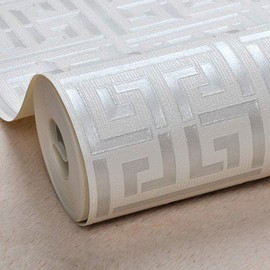 AMINAH DECO 17.7"x236.0"Greek Key Peel and Stick Wallpaper Modern Classic Geometric Trellis Self Adhesive Wallpaper Silver/White Textured Vinyl Contact Paper Washable