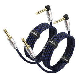 AUGIOTH Guitar Cable 10 ft 2 Pack, Electric Instrument Bass Cable AMP Cord 1/4 Straight to Angled Black and Blue Braided