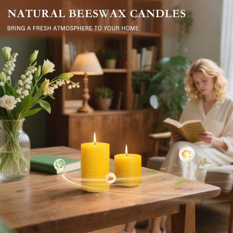 3 Pack Beeswax Pillar Candles Set,100 Hours All Natural Beeswax