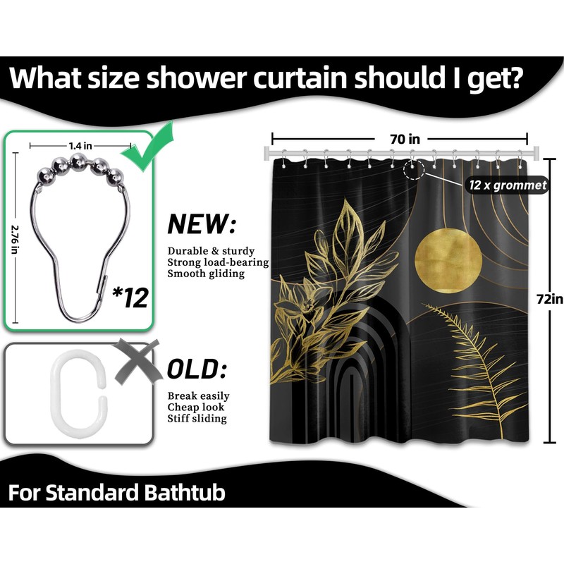 QGHOT Black and Gold Shower Curtain Boho Mid Century Black