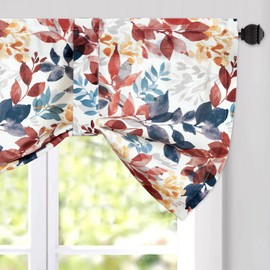Leeva Colorful Leaves Printed Tie Up Window Valance, Linen Texture Chic Small Semi-Blackout Shade Valance for Living Room Kitchen Bathroom, 52 x 18 Inch, One Panel, Rod Pocket