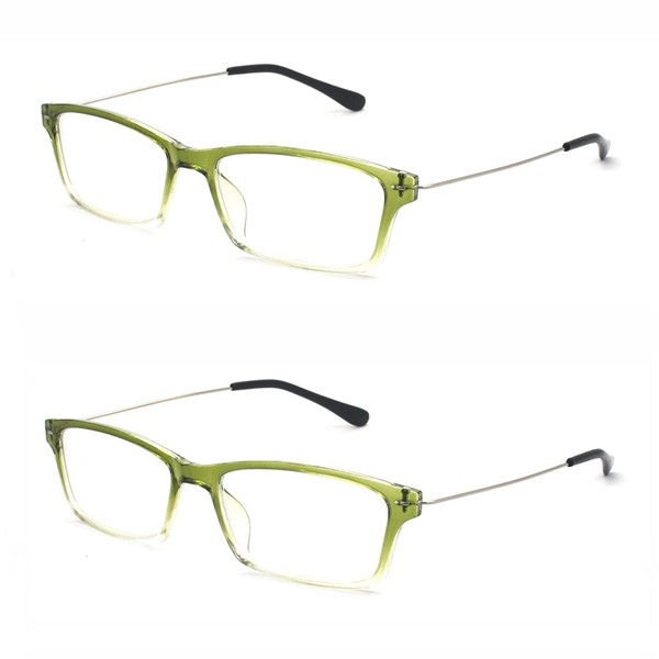 EYE ZOOM 2 Pack Lightweight Thin Frame Reading Glassess with Case for Men Women, Green, 3.00