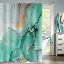 Gibelle Abstract Marble Shower Curtain, Teal Green Jade Texture Gold Stripes Ombre Watercolor Paint, Modern Ink Art Decor Waterproof Fabric Shower Curtain for Bathroom Set with Hooks, 71x71