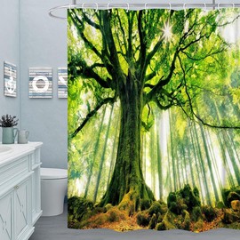 M&W DAS DESIGN Shower Curtain Forest Plants Tree Textile Tree Branch Green Nature Calm Sunny Peace Curtain Mould Resistant Leaves Landscape Colourfast Includes 12 C-Rings Weight Bottom