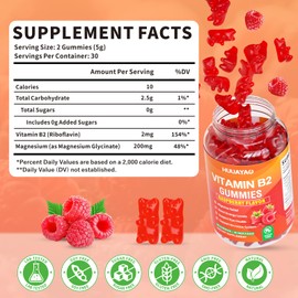 HUUAYAO Vitamin B2 Gummies, Riboflavin Supplement with Magnesium for Kids & Adults, B2 Gummies for Migraine Relief & Nervous System Support, Vegan, Sugar-Free, Raspberry Flavor, 60 Count