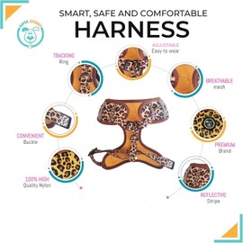 SUPER DOGGY No Pull Dog Harness, Leash and Bag, Breathable Harness for Small and Medium Dogs, Harness and Leash with Safety and Visibility (Leopard, M (7-11kg)