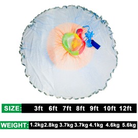 FREGITO Nylon Monofilament Cast Net, American Style Hand Throwing Fishing Net with Zinc Plated Weights for Saltwater and Freshwater, 3/8 Inches Mesh (5FT - 3/8'')