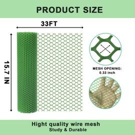 vensovo Plastic Wire Mesh 16IN x 33FT Roll - Green Chicken Wire Fencing for Poultry, Gardening Barrier, Balcony Guard for Cats and Dogs, Floral Craft Mesh with 60 Zip Ties