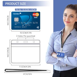 FZENeast Pack of 50 ID Cases with Strap, Transparent Waterproof Horizontal Card Case with Lanyard for Exhibition Office School (Black)