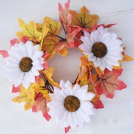 1pcs 9.8" Candle Rings Artificial Flower Wreath Fall Autumn Harvest Maple Leaf with White Sunflowers–Thanksgiving Table Centerpiece, Front Door, Harvest Festival Home Decor