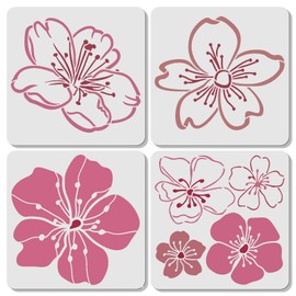 ORIGACH 4 Pcs Cherry Blossoms Stencil for Painting 11.8×11.8 inches Reusable Floral Painting Stencils for Painting on Wood, Canvas, Paper, Fabric, Floor, Wall and Tile
