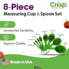Crisp 8 Piece Measuring Cup & Spoon Set - Plastic, Durable Kitchenware, Dishwasher Safe - Made in the USA - Green