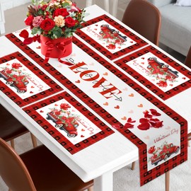 5 Pack Valentines Decoration Sets Valentines Day Table Runner and Placemats Buffalo Plaid Heart Rose Truck Table Covers Love Tablecloth Anniversary Wedding Holiday Kitchen Dining Table Decoration