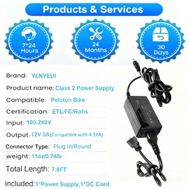 Power Cord Replacement for Peloton Bike PL-01 PLTN-RB1V1 RB1VO RB1VQ ATS050TP121 Exercise Bike, UL Listed Charger, 12V, Exceeds The Original Cable, 7.8FT
