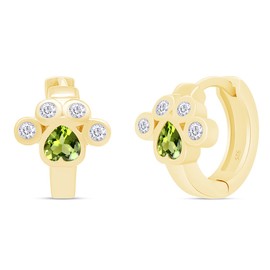 925 Sterling Silver Jewelry Heart And Round Cut Simulated Birthstone Cat Dog Paw Print Cute Cartilage Huggie Small Hoop Earrings Birthday Gift For Women, Sterling Silver Yellow Gold, Peridot