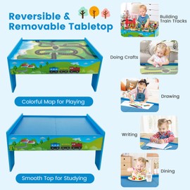 Costzon Train Table, 80 Pcs, Wooden Kids Activity Table Playset with Reversible & Detachable Tabletop, Solid Wood Tracks, Train, Railway, City, DIY Design, Gift for Boys & Girls, Multi-Color