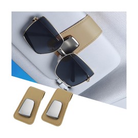 Sandfren Car Sunglass Holders, 2PCS Leather Vehicle Sun Visor Eyeglasses Hanger Clip, One Handed Operation Automotive Interior Glasses Ticket Storage Clamp Accessories, Universal Fit(Beige)