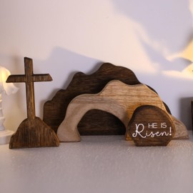 Empty Tomb Easter Scene and Cross Decorations, Wooden He Is Risen Easter Resurrection Nativity Scene Cross Jesus Tiered Tray for Christian Religious Home Table Mantel Shelf Office Farmhouse