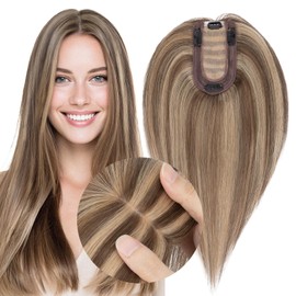 MY-LADY Hair Topper for Women Human Hair Loss Thin 7 * 13CM Silk Base with Lace Clip in Real Remy Hairpieces 150% Density Straight 14 Inch Medium Brown & Dark Blonde