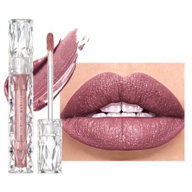 Easilydays Glitter Liquid Lip Gloss, Matte Metallic Diamond Shimmer Lipstick Glossier Lip Gloss, Waterproof Long Lasting Bold Nonstick Moisturizing Shimmer Lip Glaze Makeup, for Women and Girls (#01)