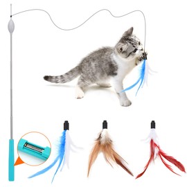Pawaboo Electric Interactive Cat Toy, Retractable Cat Fishing Rod with 3 Replacement Fishing Lures Made of Feather and Bell, Automatic Rotating Cord Feather, Feather Toy for Cat Kitten Kitten Fun