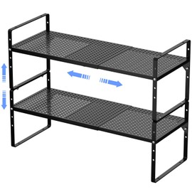 ARCCI Expandable Kitchen Cabinet Shelf Organizers 2 Pack, Stackable Metal Pantry Storage Shelves Rack, Adjustable Counter Shelf for Cabinets, Countertop, Cupboard Organizers and Storage, Black