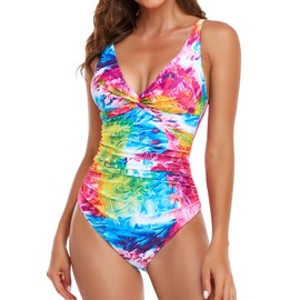 Smismivo Traje de baño de una pieza con control de abdomen para mujer, estilo vintage, acolchado, retro, cuello en V, Tinte en puño brisa, S