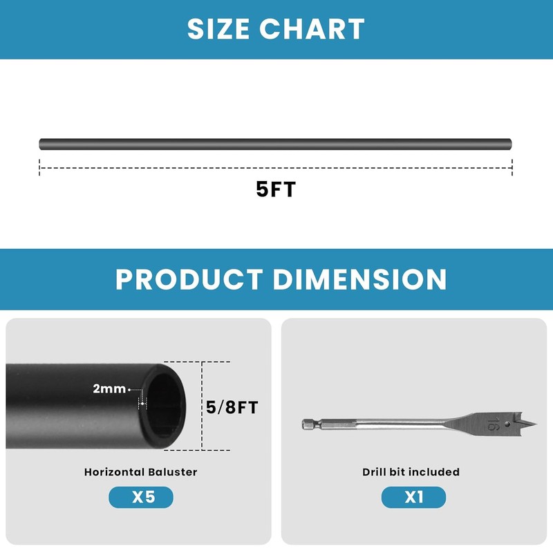 5 Foot x 5/8-inch Round Horizontal Bar Baluster for Stair