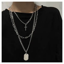 Inilbran Vintage Layered Cross Necklace Silver Paperclip Chain Necklace Choker Dog Tag Pendant Necklace Choker Punk Chunky Link Chain Necklace Jewelry for Women and Girls