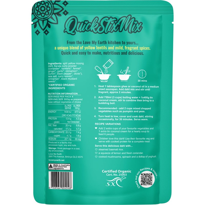 Love My Earth Quick Stix Mix Organic Dahl Creamy Coconut