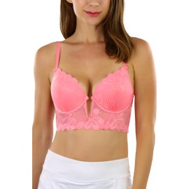 ToBeInStyle Sujetador en V convertible Deep Plunge para mujer, Sujetador de encaje floral con aros, doble push up, profundo escote en V, con 3 ganchos, color rosa, 34C