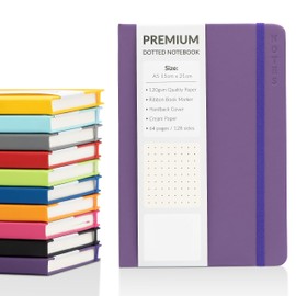 Bullet Journal A5 Dotted Notebook with Faux Leather Hardback Cover and Premium 120gsm Thick Dot Grid Paper (128 Cream Pages, Purple)