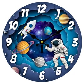 CHGCRAFT 12inch Astronaut Space Wall Clock Wooden Wall Clock for Living Room Silent Non Ticking Spaceman Kitchen Clock Round Decorative Clock for Home Bedroom Office