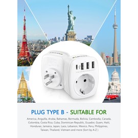 LENCENT Travel Adapter Adapter America Germany Plug, EU to US, Type B Travel Plug for USA America Canada Mexico Thailand Wall Sockets with 3 USB/1 Type C/AC Socket Adapter