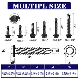 ZAMBASE 100pcs 410 Stainless Steel #8x1/2 Self Drilling Screws for Metal Black hex Washer Head self Tapping Screw (Hex #8x1/2)