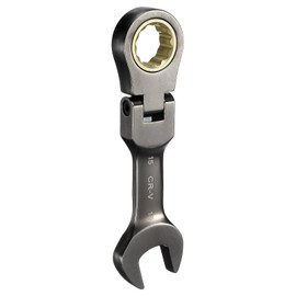 HARFINGTON Flex Head Stubby Ratcheting Combination Wrench 15mm Metric 72-Teeth CR-V Steel Nickel Plated Flex-Head Ratchet Wrench for Fasteners Nut Bolt