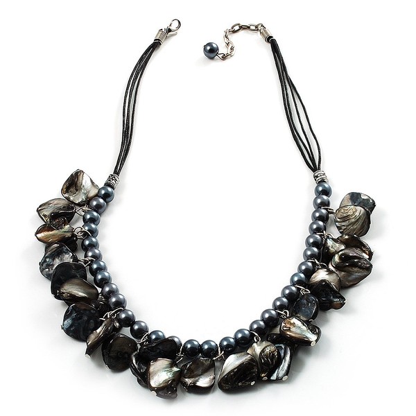 Avalaya Black Simulated Pearl & Shell Bead Cord Necklace (Silver