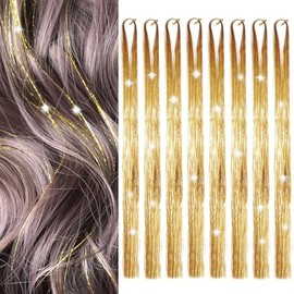 Hair Tinsel 8 Packs 1600 Strands 50 Inch Tinsel Hair Extensions Gold Heat Resistant Glitter Sparkling Shinny Fairy Hair Accessories for Women(Gold, 50