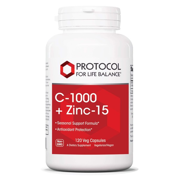 Protocol For Life Balance - C-1000 + Zinc-15 - Healthy Immune System Support and Antioxidant Protection - 120 Veg Capsules