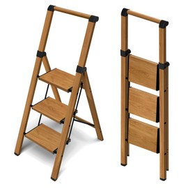 Taranta 3 Step Ladder, Portable Folding Ladder with Wide Pedal, Lightweight Aluminum Step Stool with Convenient Handgrip, 330 lbs Capacity Stepladder for Home, Office - Woodgrain
