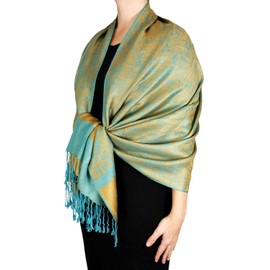 Peach Couture Elegant Vintage Two Color Jacquard Paisley Pashmina Shawl Wrap Teal/Gold