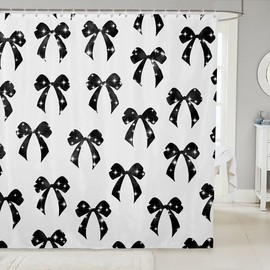 Feelyou Kids Girls Black Bow Shower Curtain,Kawaii Cute Bowknot Fabric Shower Curtain,Dreamy Princess Bow Bathroom Waterproof Accessories with 12 Hooks,Girly Bow Curtains 72"x72"